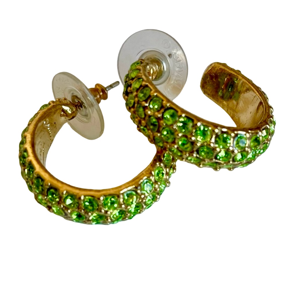 Vintage Joan Rivers Peridot Pave Swarovski Crystal And Gold Plated Hoop Earrings